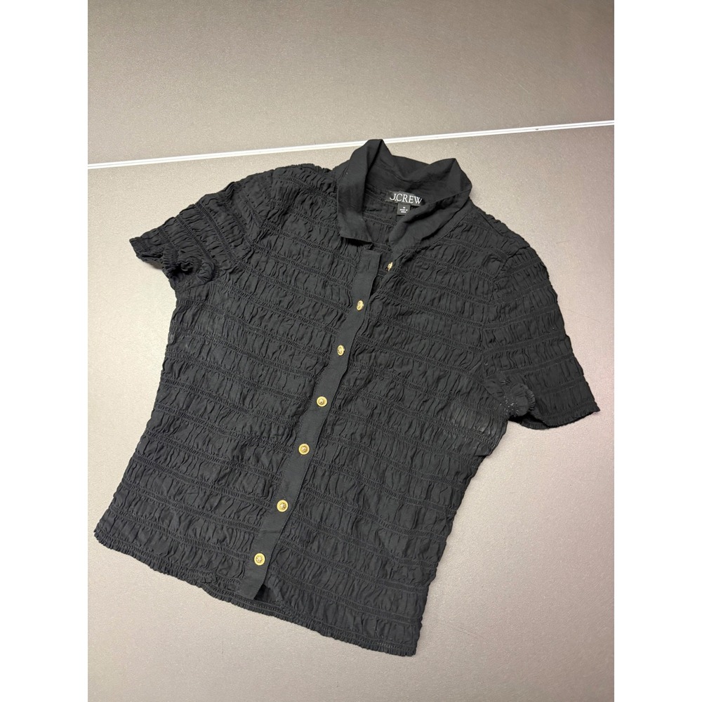 J.Crew Black Smocked Button Down Shirt Gold Crest Buttons Size Medium - Picture 5 of 10
